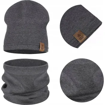 Čepice DĚTSKÁ BAVLNĚNÁ SADA ČEPICE NÁKRČNÍK NA PODZIM/ZIMU - TMAVĚ ŠEDÁ 48-52