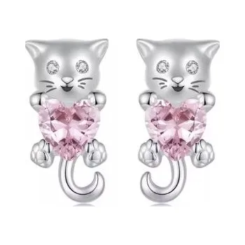 Náušnice Stříbrné Náušnice stříbrné kotě, koťátka se srdíčkem stříbro 925