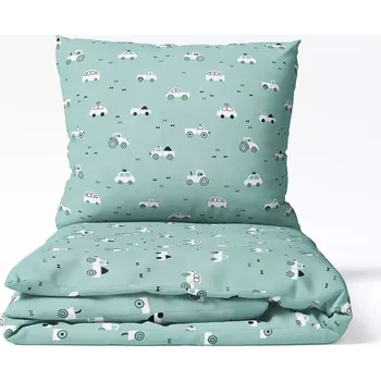 Povlečení Dětské bavlněné povlečení Bílá autíčka na zelené 140x200+70x90