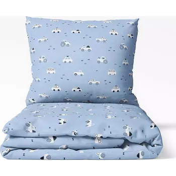 Povlečení Dětské bavlněné povlečení Bílá autíčka na modré 140x200+70x90
