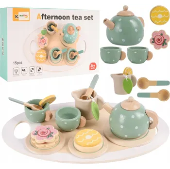 Dřevěná hračka Dřevěné hračky příslušenství do dětské kuchyňky čajový servis sada 15 ks