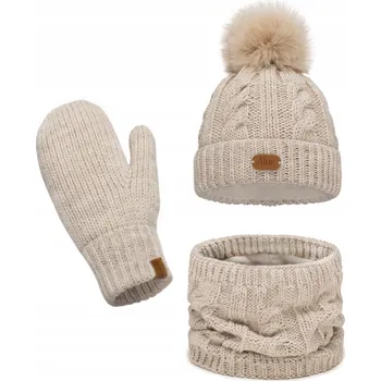 Čepice ČEPICE NÁKRČNÍK RUKAVICE ZIMNÍ DĚTSKÝ SET MÓDNÍ BÉŽOVÁ Polský Produkt