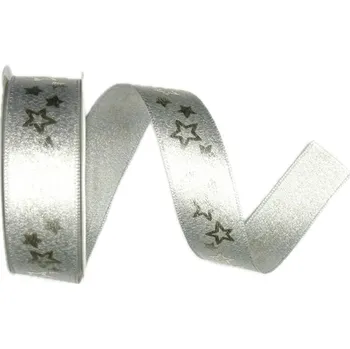 Stuha Stuha vánoční saténová GLAMOUR STARS SILVER stříbrná 25mm x 4m (7,-Kč/m) (Vánoční stříbrná stuha, oboustranný satén s perleťovým efektem, jednostranný potisk )