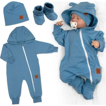 Kojenecký overall Rostoucí teplákový overal pro miminko, čepice, botky, 3D, Nature - tm. modrý