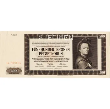 500 Korun 1942, Čechy a Morava SPECIMEN ! Emise I. (Čechy a Morava 500 korun 1942 SPECIMEN)