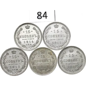 Staré Ruské Stříbrné Mince v sadě 5 kusů, Mikuláš II, Konvolut kopějky (Staré ruské 15 kopějky 1912-1916)