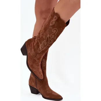 Dámské kozačky Semišové Dámské Kovbojské Boty Na Podpatku Karira Barva: Béžová, Velikost: 40