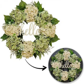 Věnec Dekorativní podzimní věnec na dveře s hortenziemi a nápisem Hello