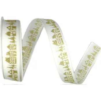 Stuha Vánoční stuha Golden Village – Christmas Cotton Ribbon bílá 15mm x 3,5m (7,-Kč/m) (Vánoční stuha bavlněná, bílá, jednostranný zlatý potisk, s glitrovým efektem, s vlascem v lemu )