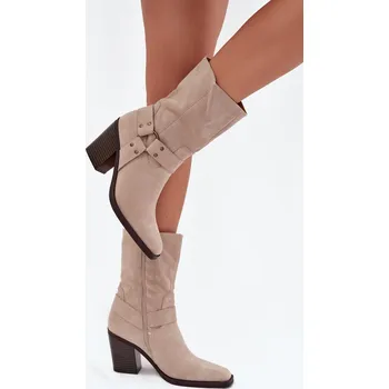 Dámské kozačky Dámské boty zateplené na podpatku s pásky a ozdobným detailem Neria Barva: Béžová, Velikost: 41