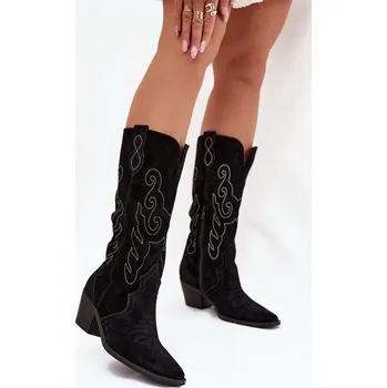 Dámské kozačky Semišové Dámské Kovbojské Boty Na Podpatku Karira Barva: Černá, Velikost: 39