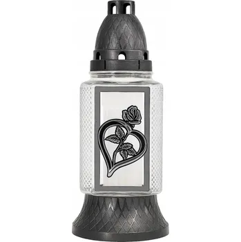 Svíčka Hřbitovní Svíčka skleněná se stříbrnou parafinovou náplní, srdce a růže