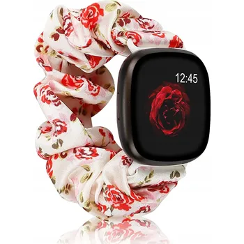 Náramek SCRUNCHIE NÁRAMEK NA HODINKY KRÉMOVÝ S KVĚTINAMI PRO FITBIT VERSA 1/2/LITE, TEXTILNÍ