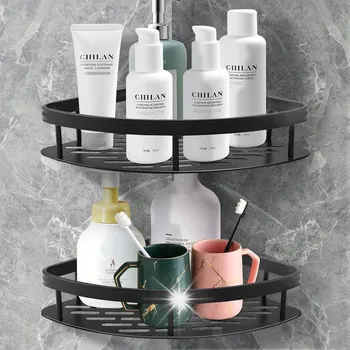 Rohová nástěnná police do koupelny, do sprchy, sada 2 ks, hliníková, černá