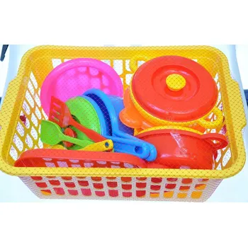 Dětská kuchyňka BAREVNÉ KUCHYŇSKÉ NÁDOBÍ plastové v KOŠÍKU BOLO hračky NÁDOBÍ