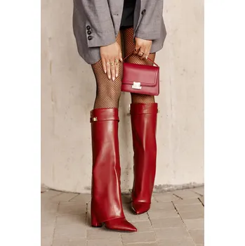 Dámské kozačky Dámské Kozačky Eko Kůže S Otočeným Štítem Na Podpatku Avamora Barva: Červená, Velikost: 40