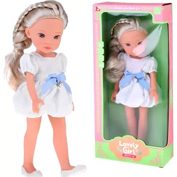 Panenka Lovely Girl módní panenka v bílé šaty s modrou mašlí 33 cm