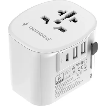 Uzemněný univerzální cestovní adaptér 15 W s 3× USB, bílý