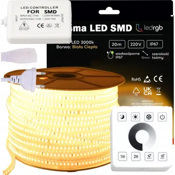LED páska SADA LED pásek SMD 230V 20m 3000K TEPLÁ BÍLÁ + STMÍVAČ DÁLKOVÝ OVLADAČ RF IP67