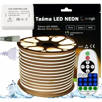 LED páska SADA LED Neon Páska 230V 15m 3000K BÍLÁ TEPLÁ ZDROJ DÁLKOVÝ OVLADAČ OVLADAČ