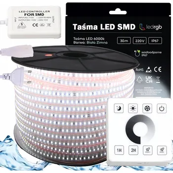 LED páska SADA LED pásek SMD 230V 30m 6000K BÍLÁ STUDENÁ + STMÍVAČ DÁLKOVÝ OVLADAČ RÁDIOVÝ