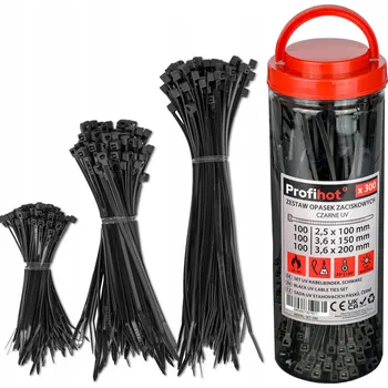 Organizace kabelů Sada 300 ks stahovací pásky upínací pásky černé UV 2,5x100 3,6x150 3,6x200