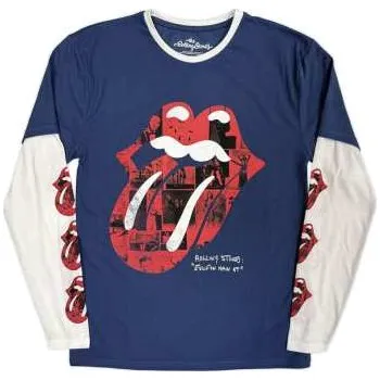 Zahraniční hudba Merch The Rolling Stones: The Rolling Stones Unisex Layered Long Sleeve T-shirt: Collage Tongue (denim Blue & White) (sleeve Print) (medium) M