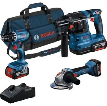Sada nářadí Bosch PROFESSIONAL SADA aku vrtací kladivo GBH 185-LI + vrtací šroubovák GSR 185-LI + úhlová bruska GWS 18V-8 + 3x akumulátor 4,0Ah + nabíječka + taška