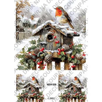 Umělecký papír Rýžový a soft papír na decoupage - Ptáček, lucerna, zima - KB2691 Materiál: Soft, Rozměr: A4