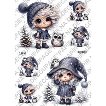 Umělecký papír Rýžový a soft papír na decoupage - Holčička a sova - KB2740 Materiál: Soft, Rozměr: A4
