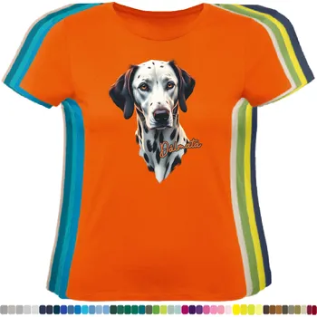 Dámské tričko damske-levne-bavlnene-tricko-digitalni-potisk-pes-dalmatin Barva: Orange - oranžová, velikost: M