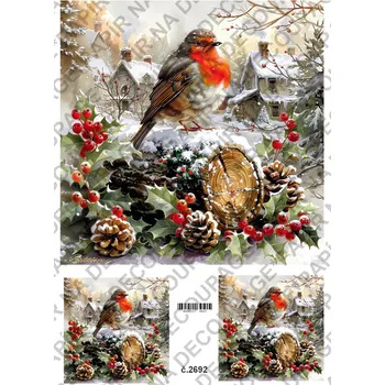 Umělecký papír Rýžový a soft papír na decoupage - Ptáček, lucerna, zima - KB2692 Materiál: Soft, Rozměr: A4