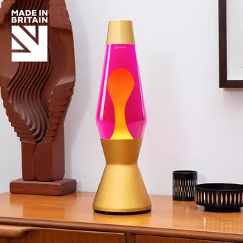 Lampa pro světelnou terapii Mathmos Astro Gold, originální lávová lampa, zlatá s růžovou tekutinou a žlutou lávou, 43cm