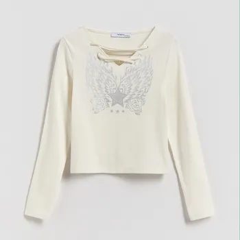 Dětská móda Reserved - Tričko s metalickým potiskem - krémová - 368FT-01X - 368FT-01X-U12