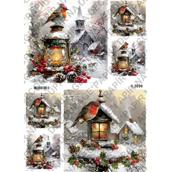 Umělecký papír Rýžový a soft papír na decoupage - Ptáček, lucerna, zima - KB2690 Materiál: Soft, Rozměr: A4
