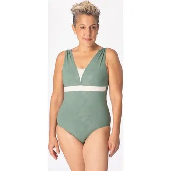 Dámské plavky DECATHLON Dámské jednodílné protetické plavky Aquakokoon M/L (D-E) BÉŽOVÁ|ZELENÁ