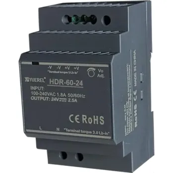 Měnič napětí Spínaný napájecí zdroj na DIN lištu AC 100–240V DC 24V 2,5A 60W Kompaktní adaptér 5,3x9x5,5 cm Průmyslové použití Automatizace