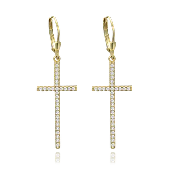 Náušnice 0522 MINET Luxusní pozlacené stříbrné náušnice kříže s bílými zirkony