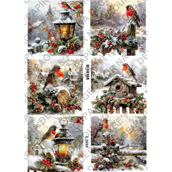 Umělecký papír Rýžový a soft papír na decoupage - Ptáček, lucerna, zima - KB2694 Materiál: Soft, Rozměr: A4