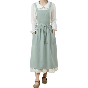 Kuchyňská zástěra Bavlněná lněná zástěra vintage 98 x 88 cm Zahradnická pracovní zástěra bez rukávů s kapsami Kuchyňská zástěra s retro stylem zelená