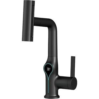 Umyvadlová baterie s digitálním displejem teploty Vodopádová zvedací baterie s postřikovačem Horká a studená voda Moderní koupelna černá