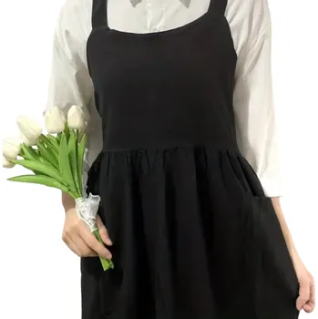 Kuchyňská zástěra Bavlněná lněná zástěra pro ženy s kapsami 115x60 cm Roztomilá zástěra s překříženými zády na vaření pečení malování zahradničení černá