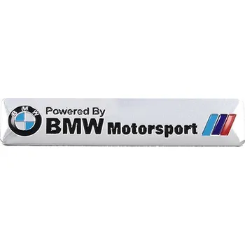 Samolepicí dekorace na vozidlo Kovová samolepka Powered by BMW Motorsport 12cm x 2,5cm