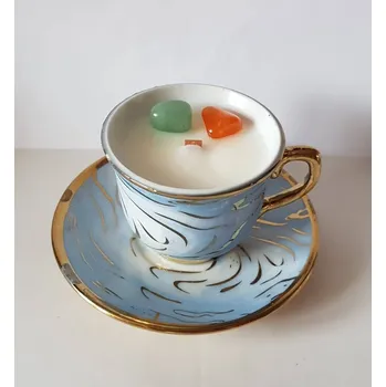 Svíčka Sójová svíčka modrý zlacený šálek s podšálkem - čínský porcelán, Vůně vánoční nálada