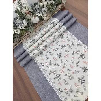 ubrus Běhoun - vánoční ubrus větvičky na bílé v kombinaci s šedou | 42 x 134 (Rozměr: 42 x 134 cm)