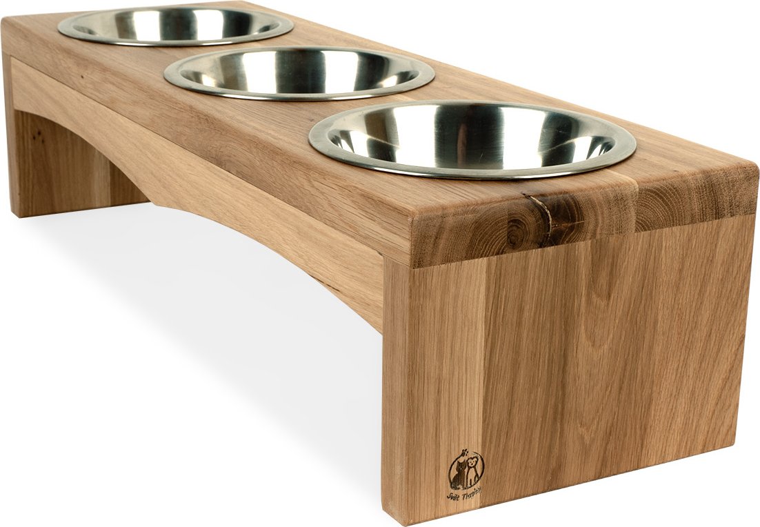 Svět Tlapky Stojan na 3 misky pro psa SALLY Dřevina nebo odstín: Dub červený (dřevo), Výška: 30cm (velké plemeno), Průměr miska (rozměr): miska 13cm (48 x 18cm)