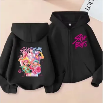 Chlapecký svetr KPop Demon Hunters (Lovkyně démonů) Dívčí mikina na zip s potiskem Saja Boys – KPop Demon Hunters (černá) Barva: Černá (2), Velikost: 160