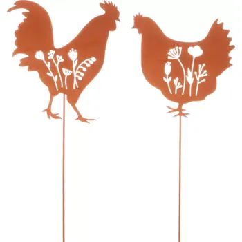 Zahradní sestava Zápich kovový, slepice a kohout KLS2066 RUST - SLEVA 3% s kodem radost25