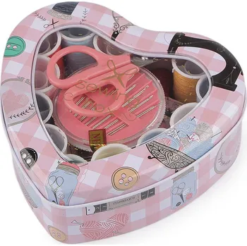 Sada na šití v plechové krabičce, barva 3 pudrová srdce