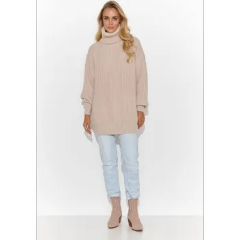 Dámská móda Teplý dámský svetr Makadamia S136 sv. béžový- s rolákem Světle béžová One size